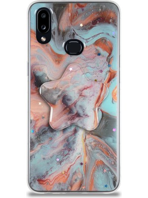 Kzy Samsung Galaxy A10S Kapak Mermer Desenli Pop Socketli Silikon Kılıf - Mercan