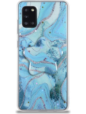 Kzy Samsung Galaxy A31 Kapak Mermer Desenli Pop Socketli Silikon Kılıf - Mavi
