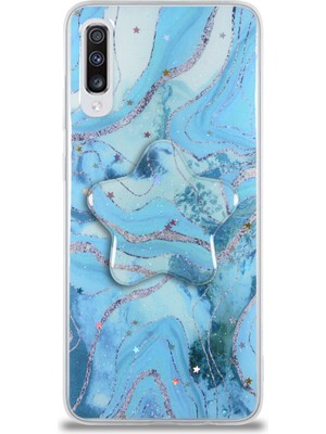 Kzy Samsung Galaxy A70S Kapak Mermer Desenli Pop Socketli Silikon Kılıf - Mavi