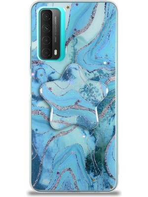 Kzy Huawei P Smart 2021 Kapak Mermer Desenli Pop Socketli Silikon Kılıf - Mavi