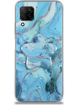 Kzy Huawei P40 Lite Kapak Mermer Desenli Pop Socketli Silikon Kılıf - Mavi