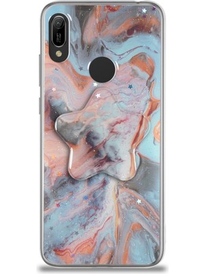 Kzy Huawei Y6 2019 Kapak Mermer Desenli Pop Socketli Silikon Kılıf - Mercan