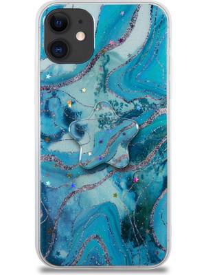 Kzy Apple iPhone 11 Kapak Mermer Desenli Pop Socketli Silikon Kılıf - Mavi