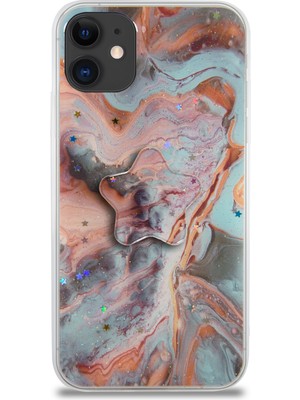 Kzy Apple iPhone 11 Kapak Mermer Desenli Pop Socketli Silikon Kılıf - Mercan
