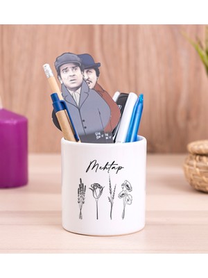 Hediye Dükkanı Kişiye Özel Karakalem Çizimli Çiçekler Seramik Kalemlik