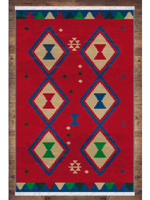 Soho Halı Kırmızı Mavi Otantik Desenli Yıkanabilir Kaymaz  Salon Halısı Dekoratif Kilim ARM-1112