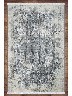 Soho Halı Gri Beyaz Vintage Desenli Yıkanabilir Kaymaz  Salon Halısı Dekoratif Kilim ARM-1074