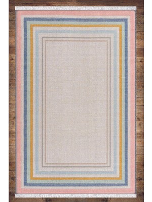 Soho Halı Pembe Mavi Sarı Çizgili Desenli Yıkanabilir Kaymaz  Salon Halısı Dekoratif Kilim ARM-1175