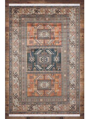 Soho Halı Turuncu Mavi Otantik Desenli Yıkanabilir Kaymaz  Salon Halısı Dekoratif Kilim ARM-1028