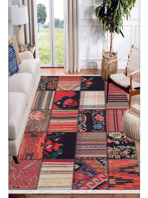 Soho Halı Kırmızı Siyah Çiçekli Desenli Yıkanabilir Kaymaz  Salon Halısı Dekoratif Kilim ARM-1084