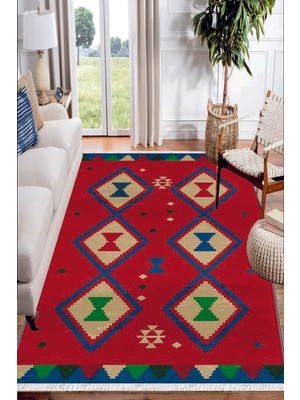 Soho Halı Kırmızı Mavi Otantik Desenli Yıkanabilir Kaymaz  Salon Halısı Dekoratif Kilim ARM-1112