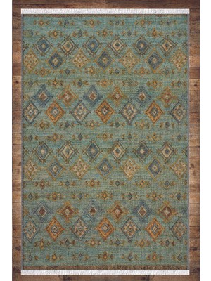 Soho Halı Yeşil Mavi Damask Anadolu Desenli Yıkanabilir Kaymaz  Salon Halısı Dekoratif Kilim ARM-1166