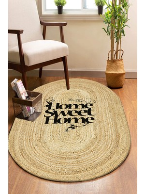 Soho Halı Home Sweet Home Desenli Oval Örme Dekoratif Jüt Kilim Hasır Halı JUT-4079