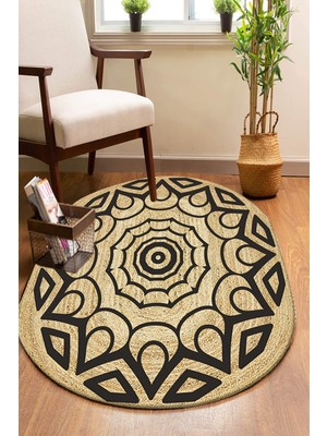 Soho Halı Mandala Desenli Oval Örme Dekoratif Jüt Kilim Hasır Halı JUT-4078