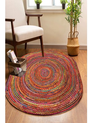 Soho Halı Renkli Çizgiler Oval Örme Dekoratif Jüt Kilim Hasır Halı JUT-4063