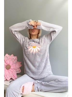 Pijama Evi Gri Stay Flow Desenli Kadın Peluş Pijama Takımı