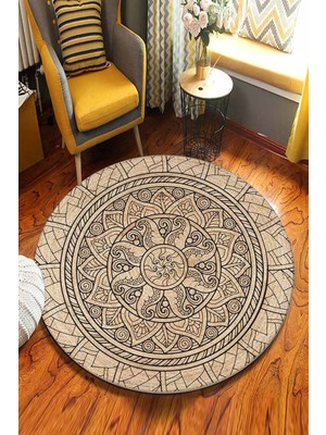 Soho Halı Mandala Desenler Desenli Yuvarlak Jüt Örme Doğal Hasır Kilim Daire Halı JUT-3082