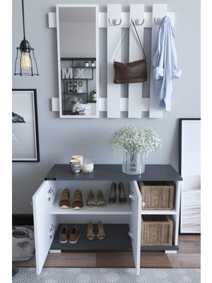 Remaks Plus Aynalı Vestiyer Ayakkabılık Portmanto ve Duvar Askısı - Antrasit / Beyaz