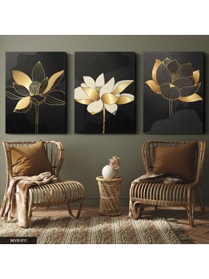 Evine Moda Gold Çiçekler 3 Parça Kanvas - Canvas Tablo