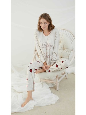 Sevim 12550 Kadın Uzun Kol Nar Baskılı Bej Melanj Pijama Takımı