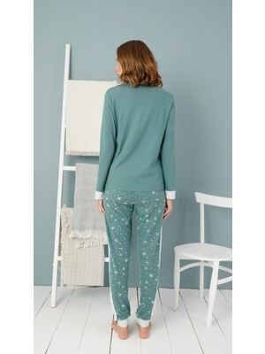 Sevim 13327 Kadın Uzun Kol Nakışlı Yeşil Pijama Takımı