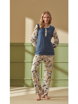 Feyza 4280 Kadın Büyük Beden Uzun Kol Midi Yaka Mavi Pijama Takımı