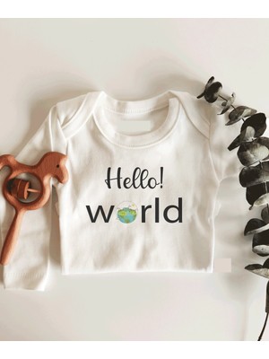 Limon Hello World Dünya Desenli Uzun Kol Çıtçıtlı Organik Bebek Body