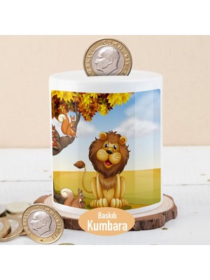 Asilmeydan Minik Sincap ve Aslan Baskılı Seramik Kumbarası - 25 cm Çocuklara Uygun Hediye Fikri