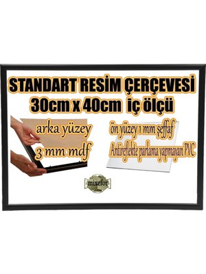 MİXEFOR Boş Çerçeve - 30CM x 40CM Iç Ölçü -Renk SİYAH-Arka Yüzey 3mm Mdf-  Ön yüzey  Kırılmaz  parlama yapmayan Antireflektif