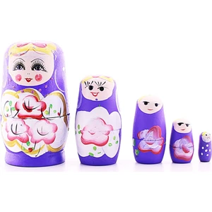 Deco Elit Ahşap Tombul Iç Içe Matruşka Bebek Mor Set 5li Büyük Boy