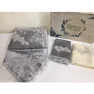 Lamazi Home 4 Parça Gri Kadife Çeyizlik Seccade Takımı Bohça