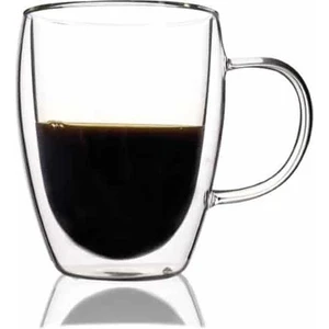 Çift Cidarlı 2'li Cam Çay Kahve Fincanı-Çift Cam Kulplu Kupa Fincan 350 ml