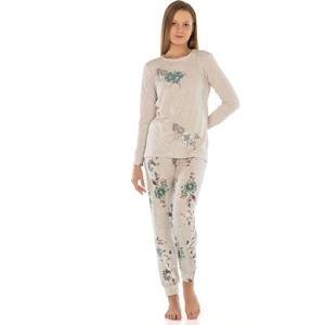 Kadın Kahve Melanj Renk Viskon Likralı Baskılı Pijama Takımı