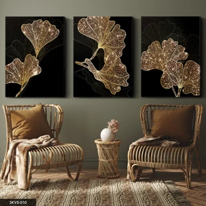 Evine Moda Gold Çiçekler 3 Parça Kanvas - Canvas Tablo