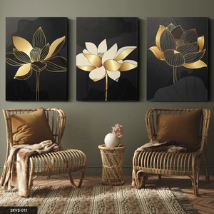 Evine Moda Gold Çiçekler 3 Parça Kanvas - Canvas Tablo