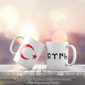 Göktürkçe Türk Yazılı Kırmızı Ay Yıldız Türkiye Bayrak Tasarımlı Kupa Bardak