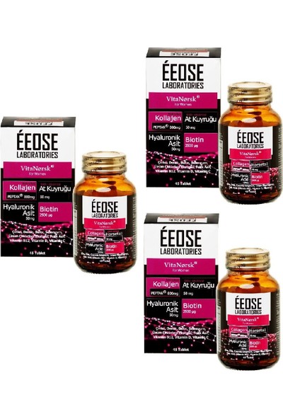 Eeose Collagen Tablet ( Kollajen + Hyaluronik Asit + Atkuyruğu + Biotin + C Vitamini) 45 Tablet-3 Adet