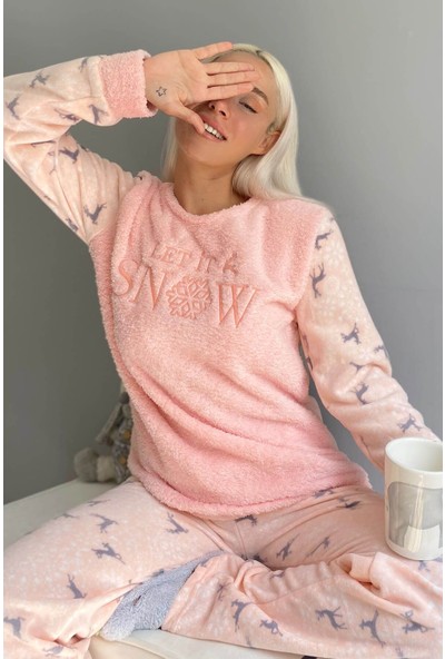 Pijama Evi Somon Let It Snow Desenli Kadın Peluş Pijama Takımı