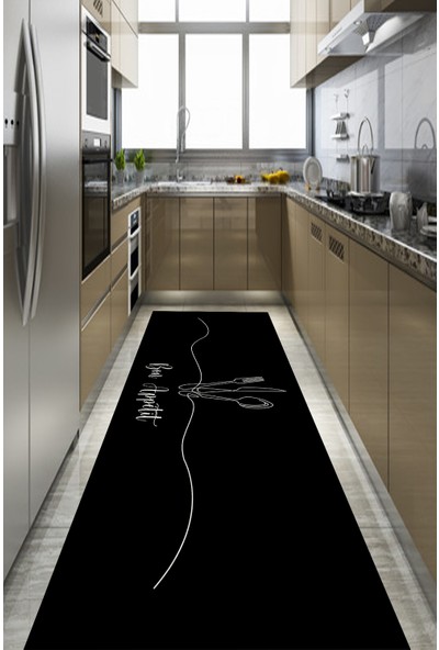 Otantik Home Soft Halı Kaymaz Dot Taban Dijital Baskılı Makinada Yıkanabilir Siyah Mutfak Halısı ve YOLLUK-SF396