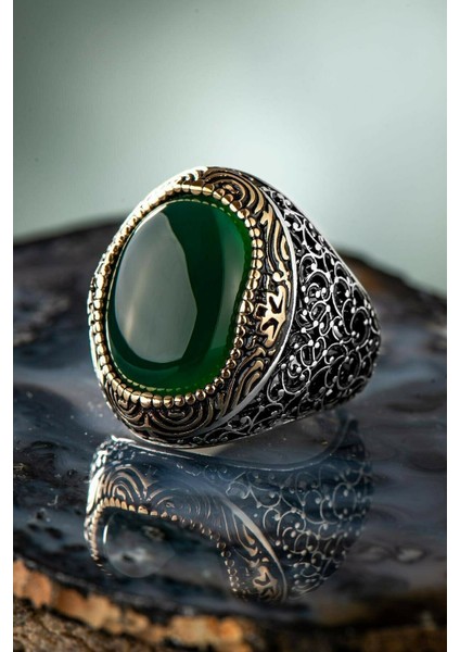 925 Ayar Gümüş Oval Yeşil Akik Taşlı Telkari Model Gümüş Erkek Yüzük