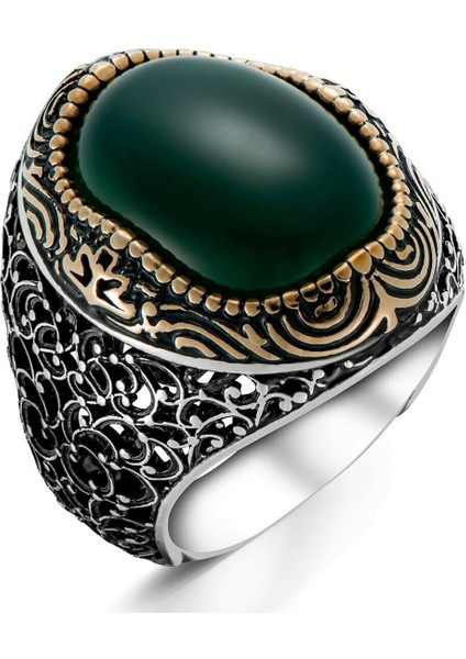 925 Ayar Gümüş Oval Yeşil Akik Taşlı Telkari Model Gümüş Erkek Yüzük fiyatları