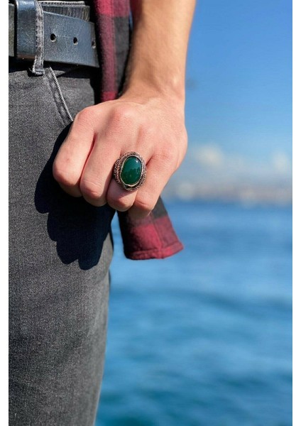 925 Ayar Gümüş Oval Yeşil Akik Taşlı Telkari Model Gümüş Erkek Yüzük modelleri