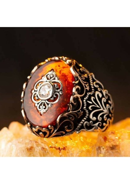 925 Ayar Gümüş Kehribar Taşlı Erkek Yüzük