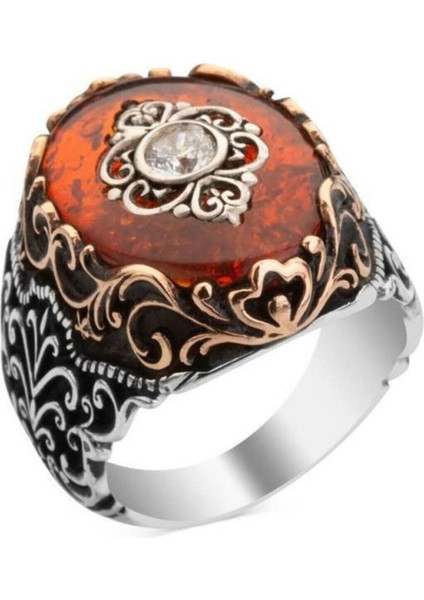 925 Ayar Gümüş Kehribar Taşlı Erkek Yüzük fiyatları