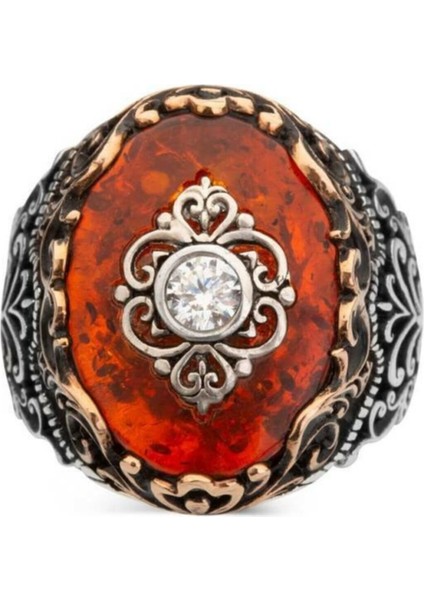 925 Ayar Gümüş Kehribar Taşlı Erkek Yüzük modelleri