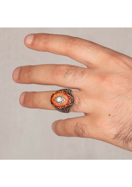 925 Ayar Gümüş Kehribar Taşlı Erkek Yüzük fırsatları