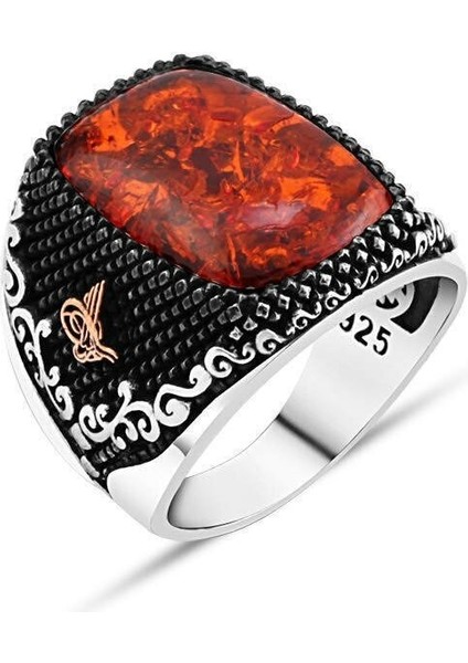 Kehribar Taşlı Mini Tuğra Işlemeli Özel Tasarım Gümüş Erkek Yüzük