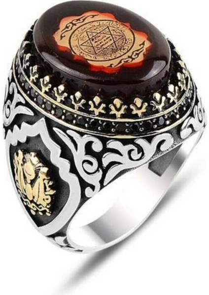925 Ayar Gümüş Kehribar Taşlı Osmanlı Desenli Hz Süleyman Mührü Erkek