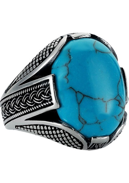 Gümüş Oval Turkuaz Firuze Taşlı Örgü Tasarım Erkek Yüzük