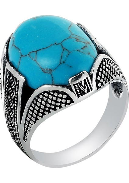 Gümüş Oval Turkuaz Firuze Taşlı Örgü Tasarım Erkek Yüzük fiyatları